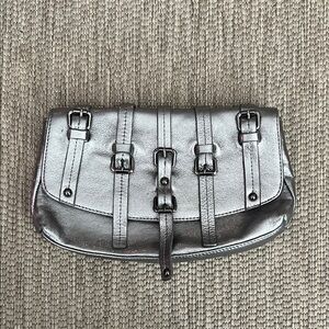 Kenneth Cole Silver Metallic Buckle Detail Leather Clutch Bag